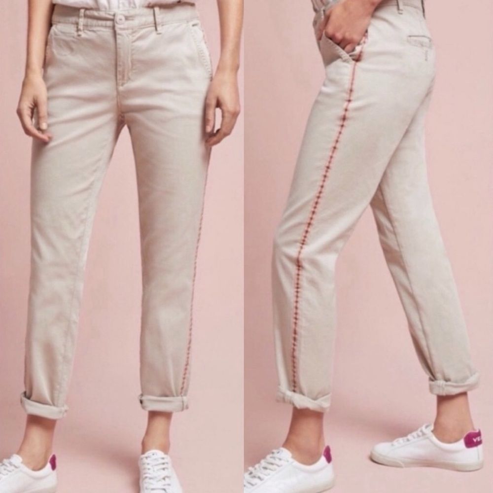 Anthropologie Chino Taupe & Pink Ribbon Relaxed Women's Straigth Leg Pants 26
